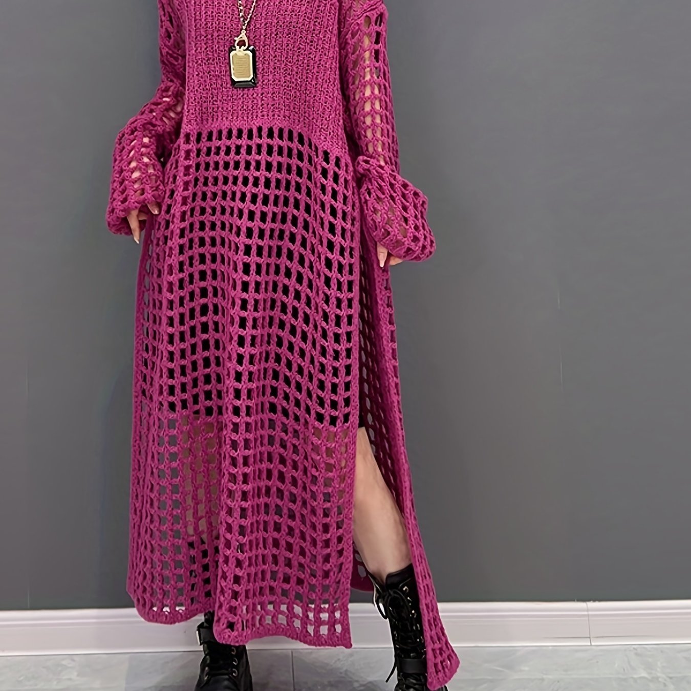 Sixsr Crochet Split Thigh Dress, Casual Solid Long Sleeve Maxi Dress, Women's Clothing