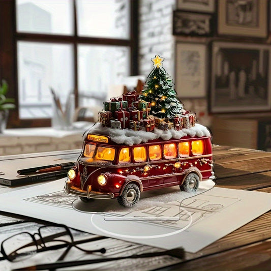 1pc Classic Christmas Bus Tabletop Decor with Lighted Tree and Gifts - Polypropylene Double-Sided Print, Festive Holiday Ornament for Home, Bedroom, Dining Table, Multipurpose Christmas Decoration