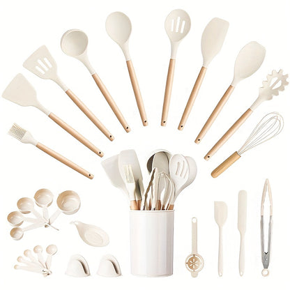 28pcs/set, Non-Stick Silicone Utensil Set with Wooden Handle - Perfect for Cooking, Kitchen, and Dorm Essentials