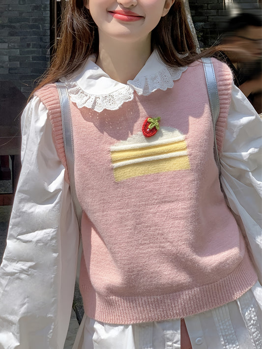 Sixsr Cake Pattern Crew Neck Knitted Vest, Casual Sleeveless Sweet Sweater, Women's Clothing