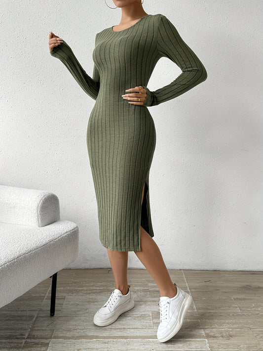 Sixsr Ribbed Solid Split Dress, Casual Crew Neck Long Sleeve Dress, Women's Clothing