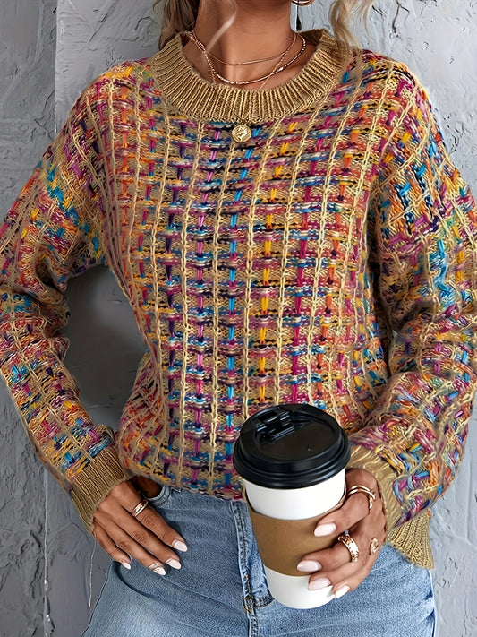 Sixsr Colorful Knit Sweater, Casual Crew Neck Long Sleeve Sweater, Women's Clothing