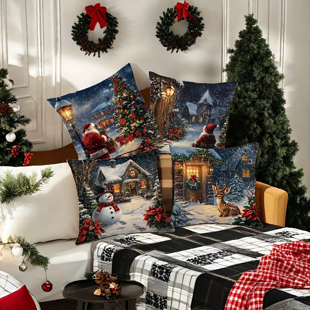 JIT Set of 4 Christmas Pillow Covers – Contemporary Hand Washable Throw Pillowcases with Santa, Gnome, Snowman, & Deer Prints – Zippered Polyester Cushion Covers for Living Room Decor, 18x18 Inches