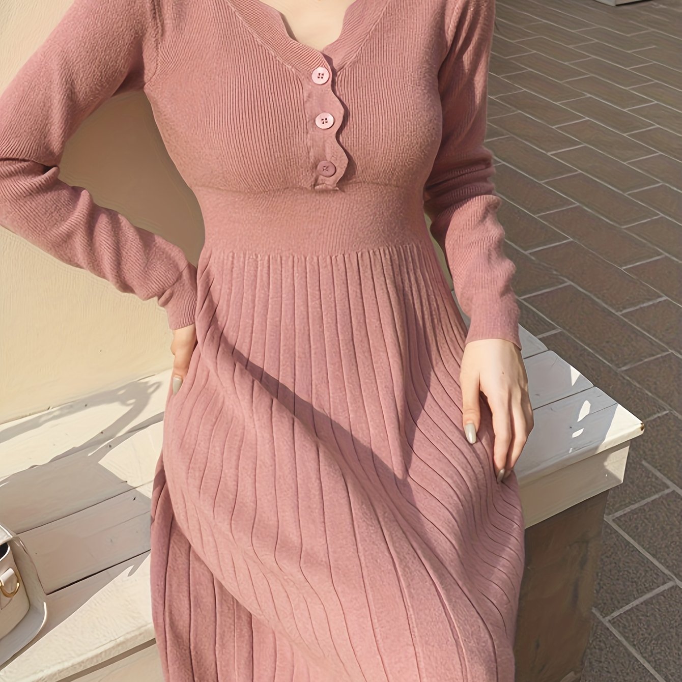 Sixsr Button Front V-neck Sweater Dress, Solid Long Sleeve Dress, Women's Clothing