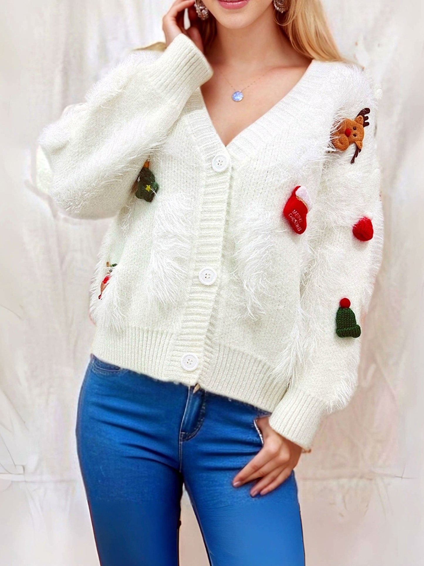 Women'S Christmas Themed Fuzzy Pullover Sweater, Casual Crew Neck Long Sleeve V-Neck Cardigan, Woven Polyester Knit, for Fall/Winter