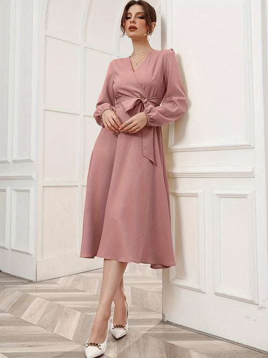 Sixsr Solid Surplice Neck Dress, Elegant Long Sleeve Belted Dress, Women's Clothing