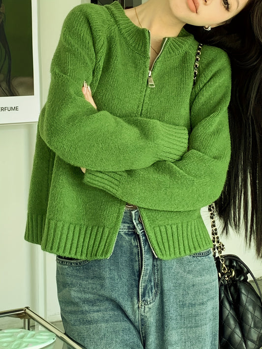 Sixsr Solid Crew Neck Zip Up Cardigan, Casual Raglan Sleeve Outwear, Women's Clothing