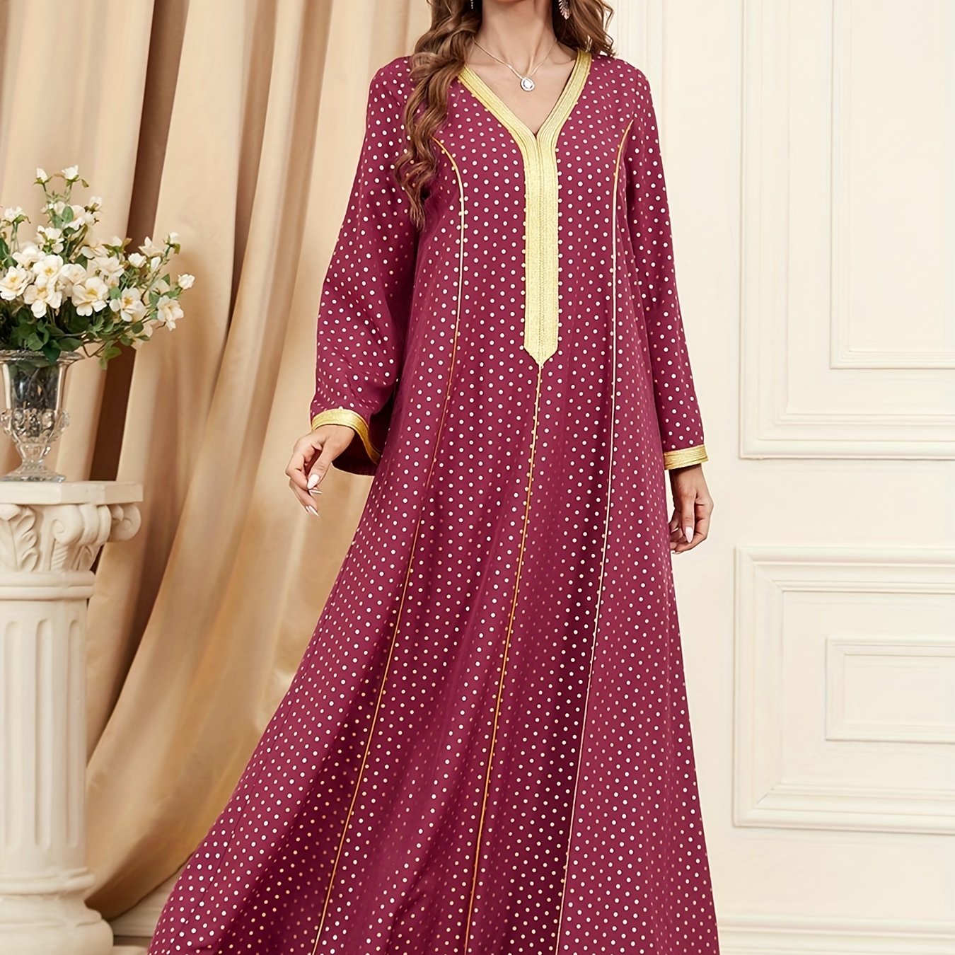 Sixsr Pin Dot Maxi Kaftan Dress, Elegant V Neck Long Sleeve Dress, Women's Clothing