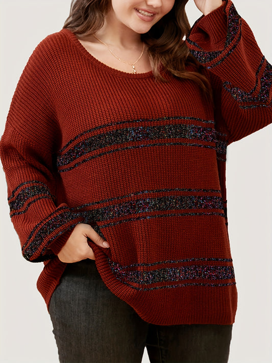 Sixsr Plus Size Casual Sweater, Women's Plus Colorblock Striped Sequin Lantern Sleeve Round Neck Pullover Sweater