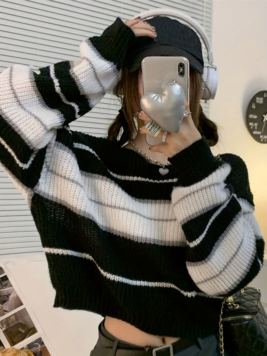 Sixsr Striped Crew Neck Pullover Sweater, Casual Long Sleeve Crop Sweater, Women's Clothing