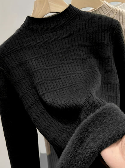 Sixsr Solid Mock Neck Fleece Rib Knit Sweater, Casual Long Sleeve Slim Versatile Sweater, Women's Clothing