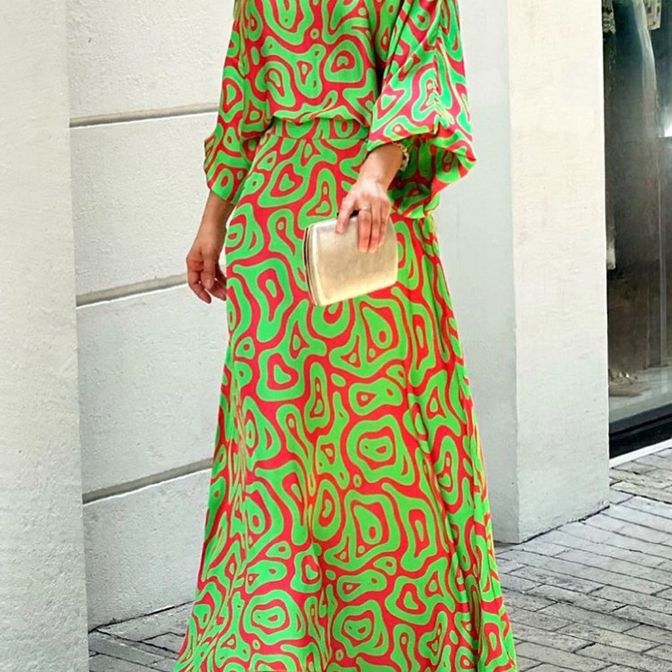 two-piece Geometric Print Maxi Skirt & Loose Long Sleeve Top Set for Women - Perfect for Spring & Fall Outfits