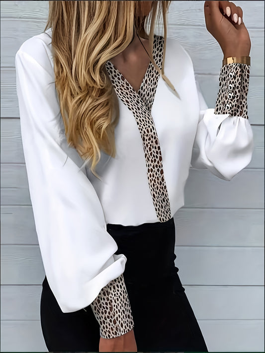 Leopard Print Lantern Sleeve Blouse, Casual V Neck Blouse For Spring & Fall, Women's Clothing