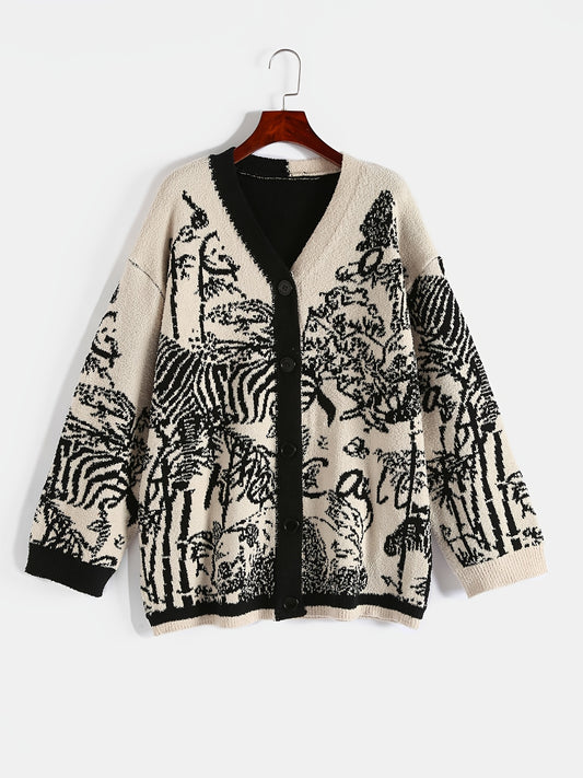 Sixsr Plus Size Jacquard Button Front Sweater Cardigan, Women's Plus Casual Slight Stretch Sweater Cardigan