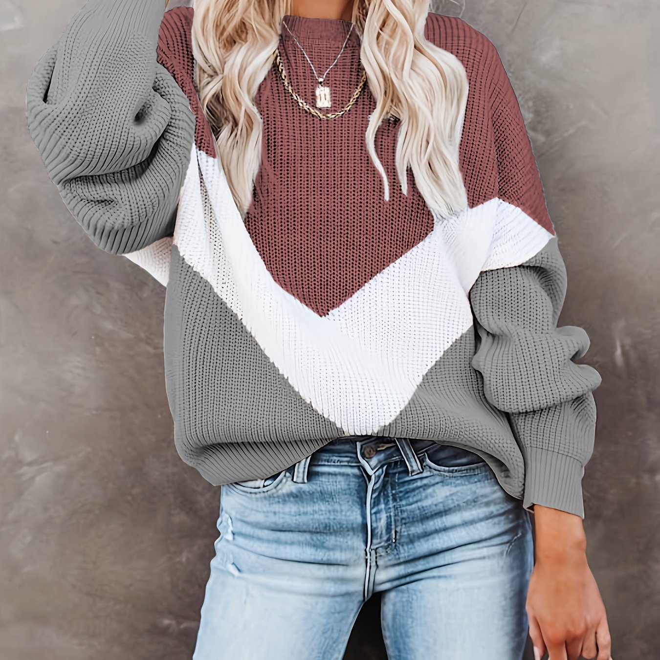 Sixsr Color Block Crew Neck Pullover Sweater, Casual Long Sleeve Sweater For Fall & Winter, Women's Clothing