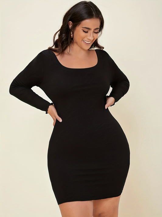 Sixsr Plus Size Casual Dress, Women's Plus Solid Scoop Neck Long Sleeve Skinny Mini Dress