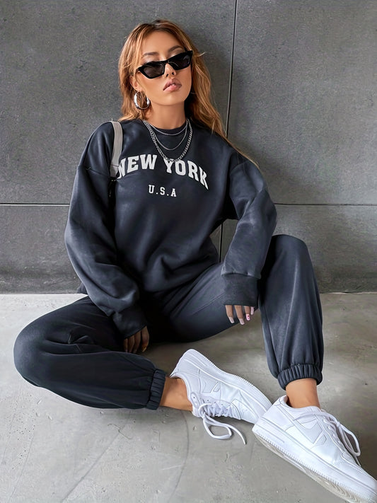 Sixsr Casual Workout Two-piece Set, Letter Print Long Sleeve Sweatshirt & Solid Jogger Pants Outfits, Women's Clothing