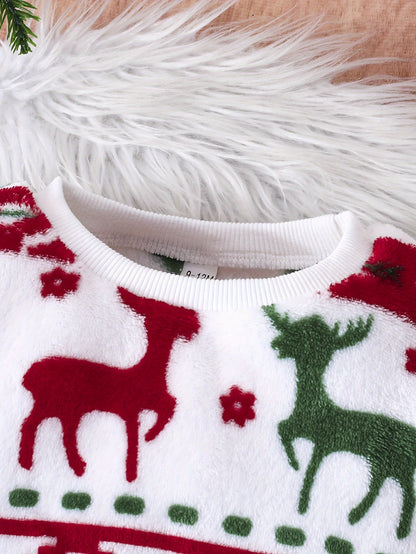 Soft Plush Newborn Boy's Comfy Christmas Reindeer Patterns Sweatshirt & Pants Co Ord Set for Fall and Winter