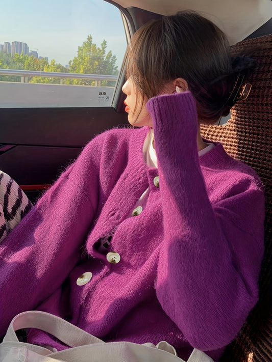 Sixsr Solid Button Front Knit Cardigan, Casual Long Sleeve Drop Shoulder Sweater, Women's Clothing