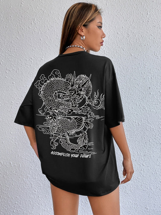 Sixsr Casual Crew Neck Dragon Print Short Sleeve Loose Fashion Summer T-shirt, Women's Clothing