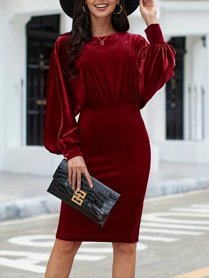 Sixsr Solid Cinched Waist Velvet Dress, Elegant Lantern Sleeve Bodycon Dress For Fall & Winter, Women's Clothing