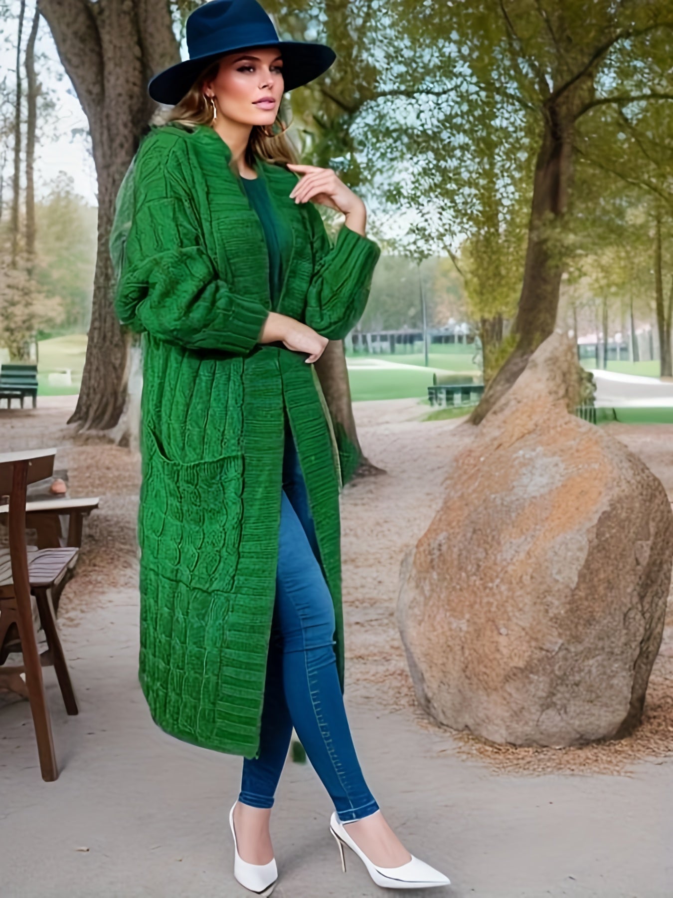 Sixsr Plus Size Elegant Sweater Cardigan, Women's Plus Cable Knit Open Front Long Sleeve High Stretch Cardigan With Pockets