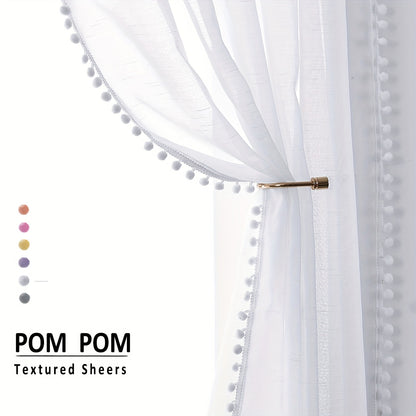 2pcs Heat Insulating Sheer Curtain with Pom Poms - Translucent Rod Pocket Window Treatment for Bedroom, Office, Kitchen, Living Room, Study - Home Decor