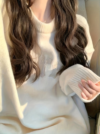 Sixsr Letter Pattern Crew Neck Pullover Sweater, Casual Long Sleeve Loose Slouchy Sweater, Women's Clothing