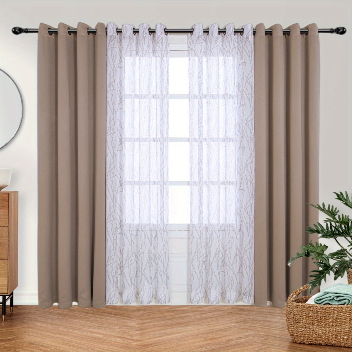 1 Panel Branch Printed Sheer Curtain + 1 Panel Blackout Curtain - Panels for Bedroom, Office, Living Room Home Decor with Grommet Top Window Drapes