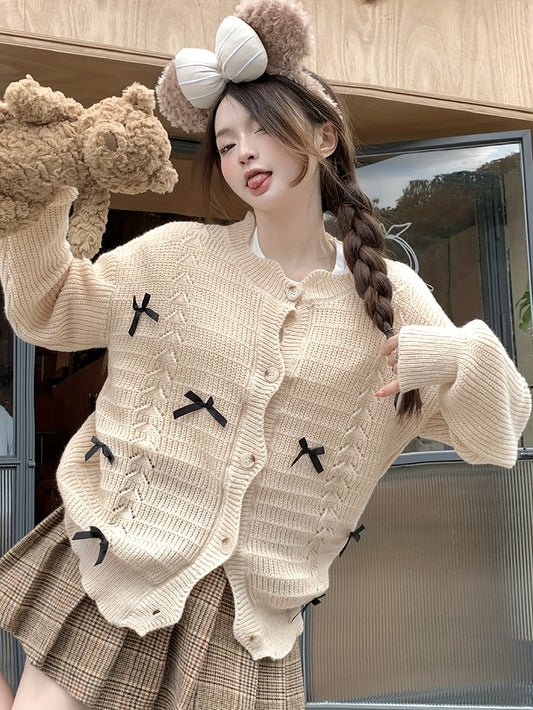 Sixsr Bow Tie Button Front Knitted Cardigan Sweater, Casual Long Sleeve Sweater For Fall & Winter, Women's Clothing