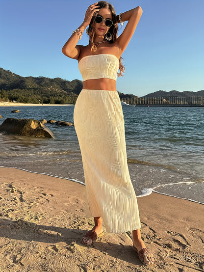 Sixsr  Solid Textured Vacation Two-piece Set, Crop Tube Top & Bodycon High Waist Skirt Outfits, Women's Clothing