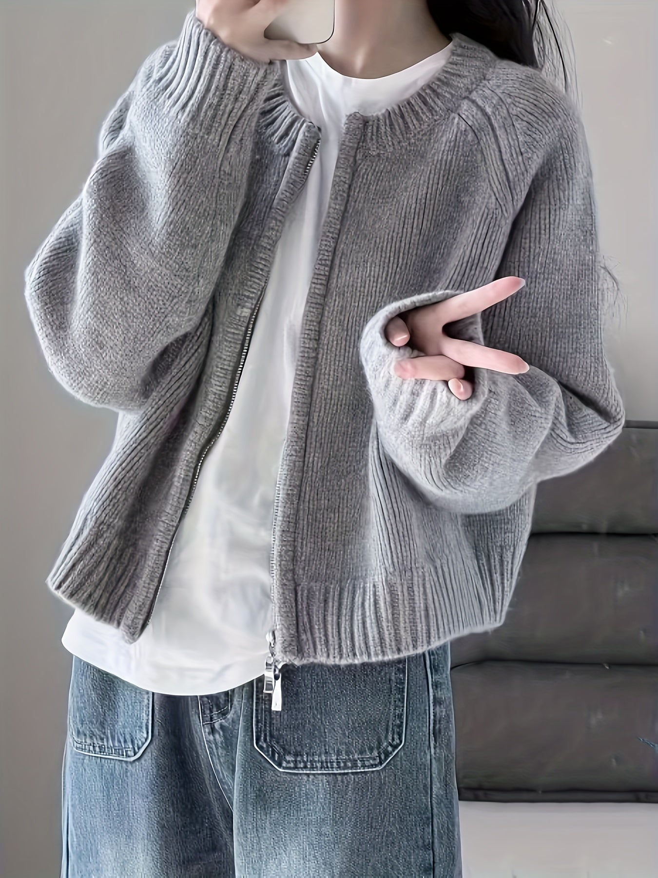 Sixsr Knitted Zipper Sweater Cardigan, Casual Crew Neck Cardigan For Fall & Winter, Women's Clothing