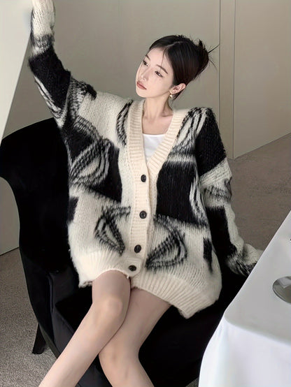Sixsr Graphic Pattern Button Down Knit Cardigan, Casual Long Sleeve Loose Cozy Sweater For Fall & Winter, Women's Clothing