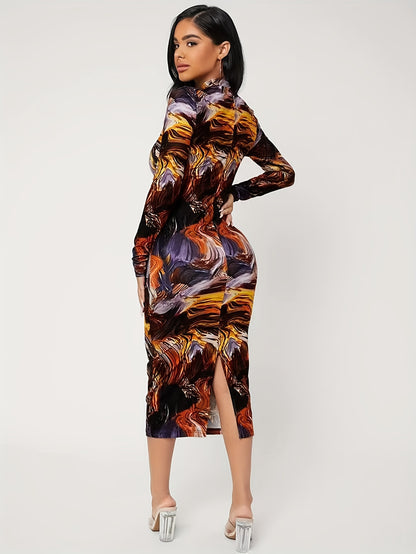 Sixsr Back Split Bodycon Dress, Mock Neck Long Sleeve Dress For Club & Party, Women's Clothing