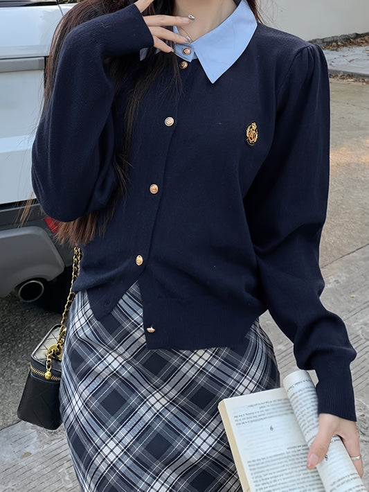 Sixsr Preppy Style Button Down Knit Cardigan, Casual Flat Collar Long Sleeve Sweater, Women's Clothing