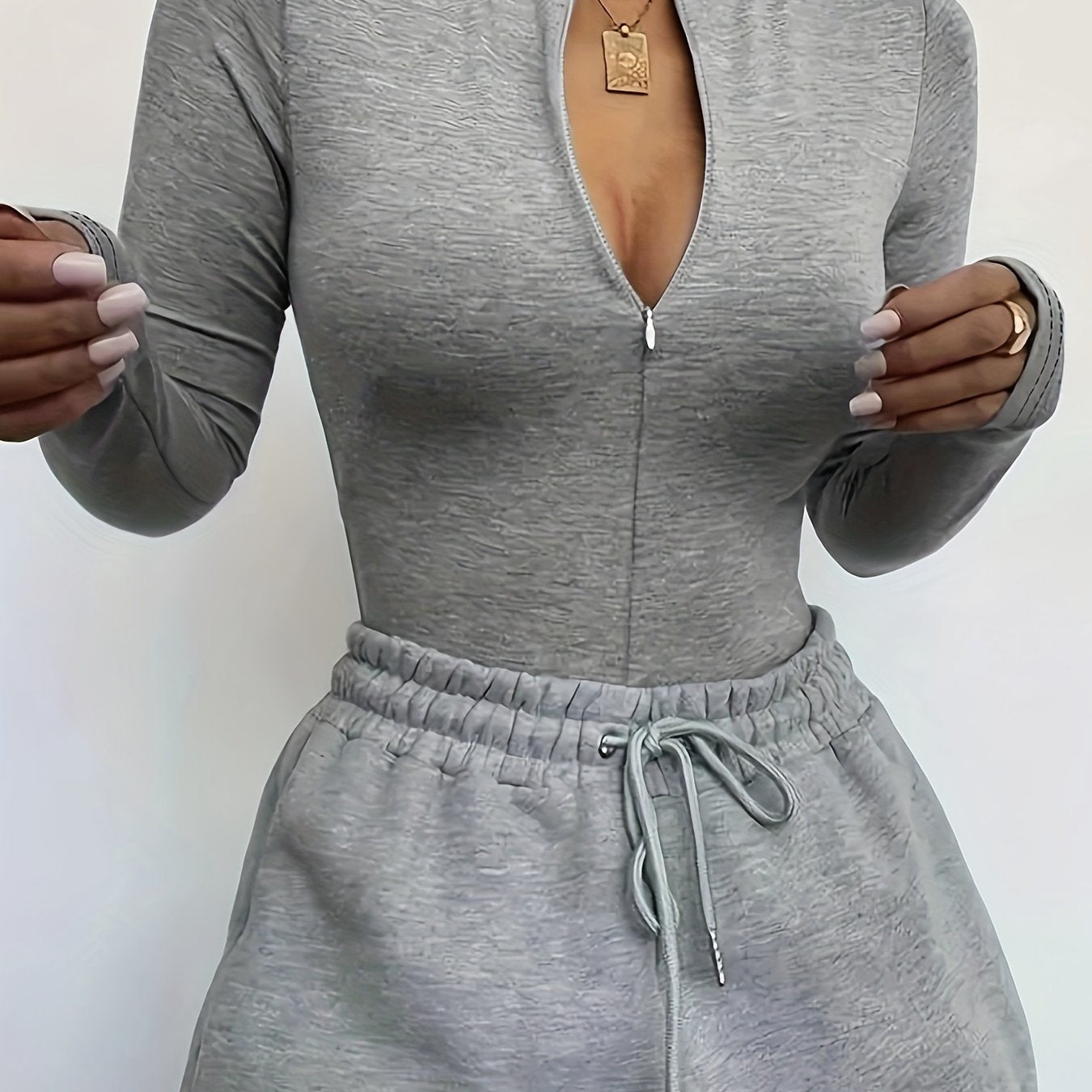 Solid Zip Up Mock Neck Bodysuit, Elegant Long Sleeve Slim Bodysuit, Women's Clothing