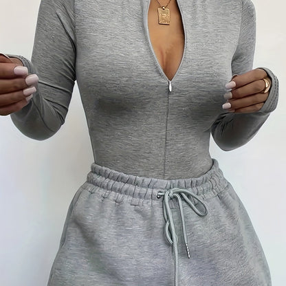 Solid Zip Up Mock Neck Bodysuit, Elegant Long Sleeve Slim Bodysuit, Women's Clothing