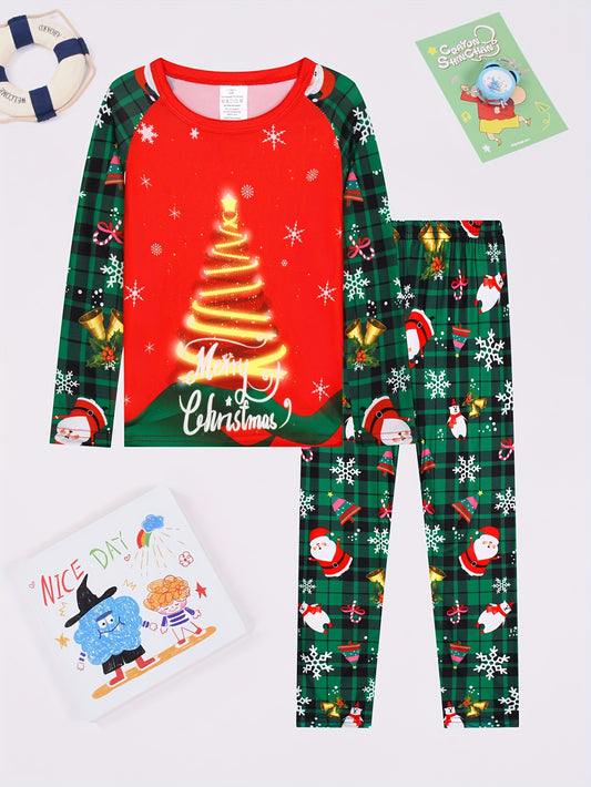 Cozy Christmas Plaid Print Youngsters' Pajama Set - Flame-Resistant, Soft Knit Fabric with Long Sleeve Top & Pants for Boys and Girls