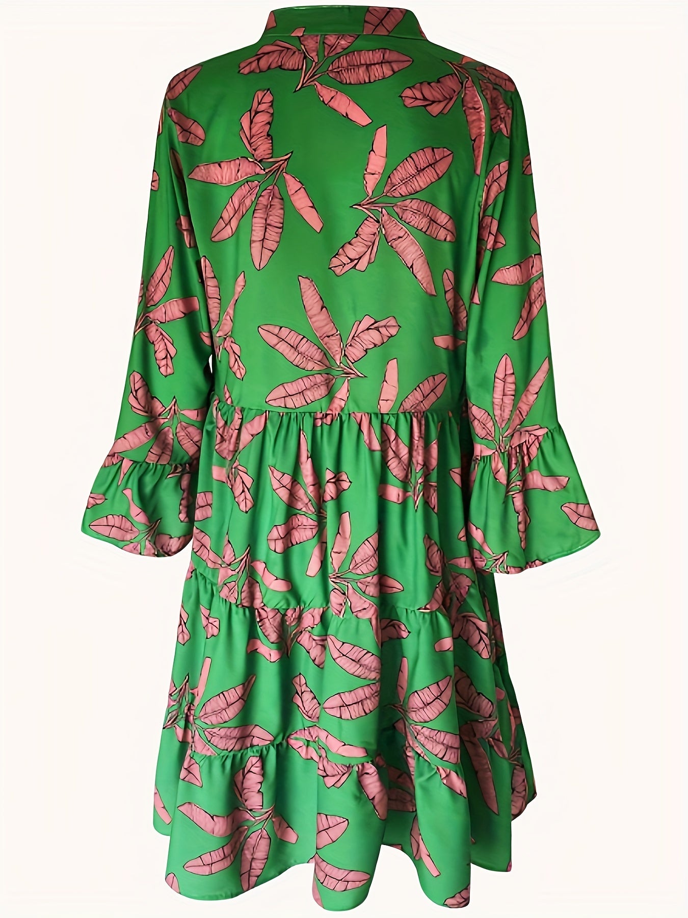 Women's Plus Size Floral Print Bell Sleeve Smock Dress - Casual and Stylish V-Neck Design