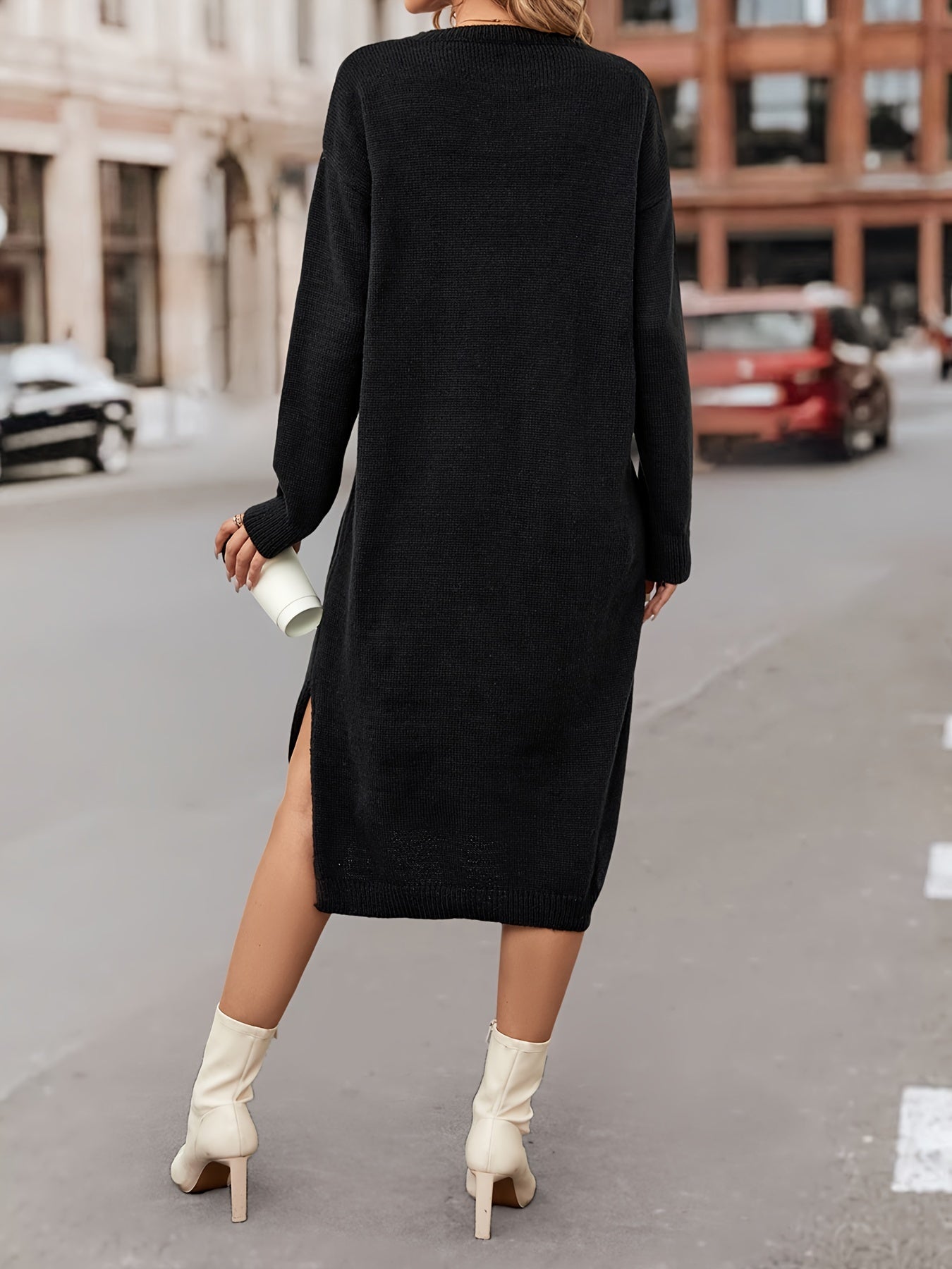 Sixsr Split Simple Dress, Casual Solid Long Sleeve Midi Dress, Women's Clothing