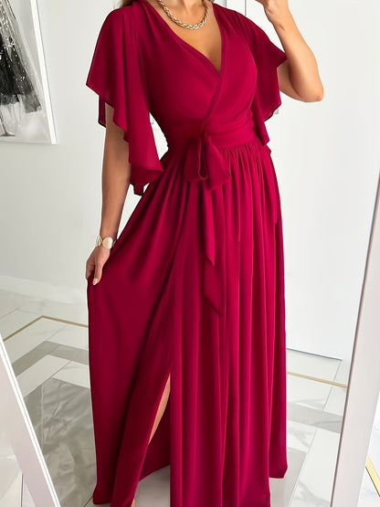 Elegant Plus Size Maxi Dress with Ruffle Sleeves and High Split Hem - Perfect for Special Occasions