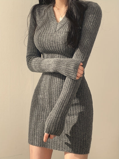 Sixsr Solid Knit Sweater Dress, Elegant V Neck Long Sleeve Bodycon Dress For Fall & Winter, Women's Clothing