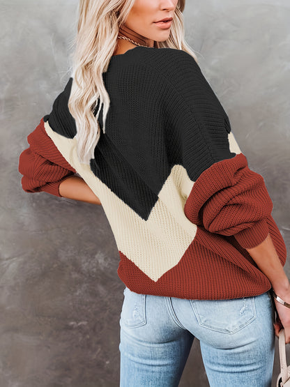 Sixsr Color Block Crew Neck Pullover Sweater, Casual Long Sleeve Sweater For Fall & Winter, Women's Clothing