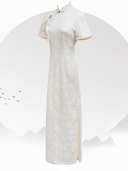 Elegant Chinese Vintage Lace Cheongsam - Short Sleeve Mandarin Collar Dress for Women