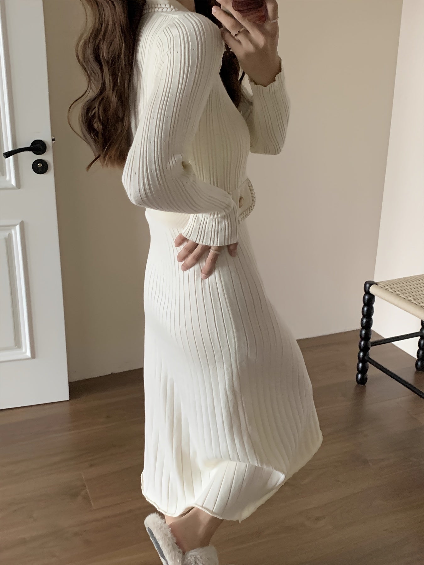 Sixsr Ribbed Solid Midi Dress, Elegant Long Sleeve Bodycon Sweater Dress, Women's Clothing