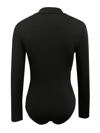 Solid Zip Up Mock Neck Bodysuit, Elegant Long Sleeve Slim Bodysuit, Women's Clothing