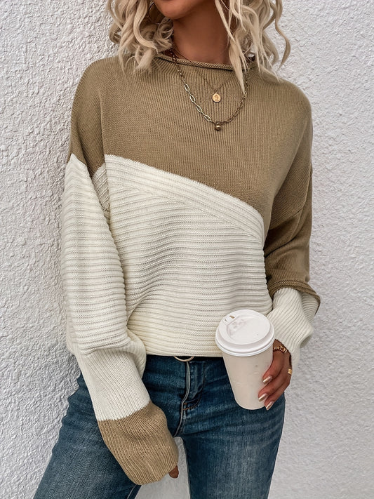 Sixsr Color Block Loose Pullover Sweater, Elegant Long Sleeve Drop Shoulder Sweater, Women's Clothing