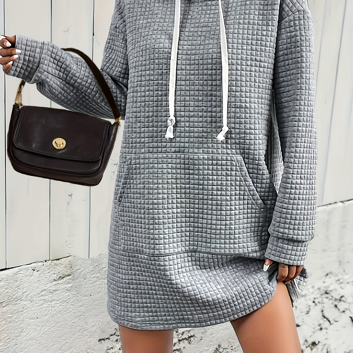 Sixsr Textured Drawstring Dress, Casual Hooded Long Sleeve Kangaroo Pocket Dress, Women's Clothing