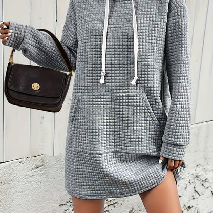 Sixsr Textured Drawstring Dress, Casual Hooded Long Sleeve Kangaroo Pocket Dress, Women's Clothing