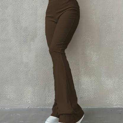Sixsr Solid Ribbed Flare Leg Pants, High Waist Slim Elastic Pants, Women's Clothing
